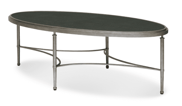 An oval-shaped coffee table featuring a metallic frame with an antique silver finish and a dark, textured tabletop. The frame consists of four slender legs with decorative collars, connected by elegant, curved metal stretchers, enhancing stability and adding a design element. The tabletop is set within a metal rim. — 3D model