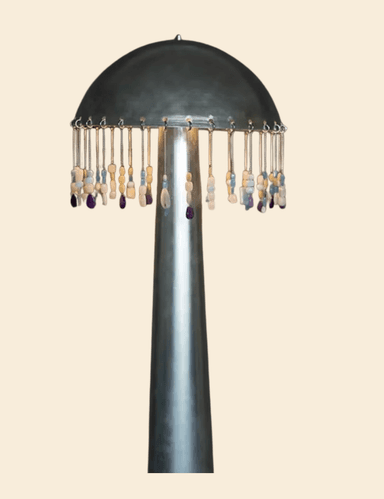 A tall floor lamp with a conical metallic base and stem, topped by a dome-shaped metallic shade featuring a decorative fringe of multiple chains adorned with various colored, irregularly shaped beads. — 3D model