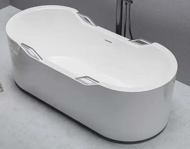 A modern freestanding bathtub with a clean, minimalist design. It features a white interior basin and a light gray exterior skirt, all with smooth, rounded edges. Four chrome-finish grab bars are integrated into the rim, two on each side, enhancing safety and accessibility. The tub has an oval shape and appears designed for comfortable soaking. — 3D model