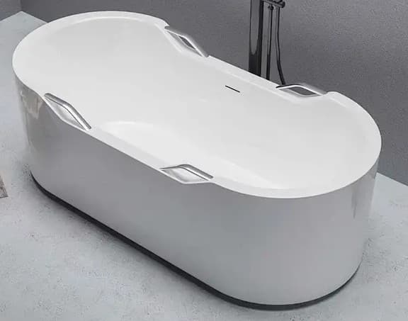 A modern freestanding bathtub with a clean, minimalist design. It features a white interior basin and a light gray exterior skirt, all with smooth, rounded edges. Four chrome-finish grab bars are integrated into the rim, two on each side, enhancing safety and accessibility. The tub has an oval shape and appears designed for comfortable soaking. — 3D model