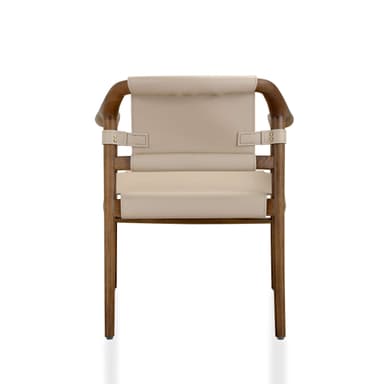 A contemporary armchair featuring a robust wooden frame with curved armrests and slung upholstery. The seat and backrest are constructed from light-colored leather or faux leather straps, securely fastened to the wooden structure with visible brass-toned hardware, creating a distinctive safari-inspired aesthetic. — 3D model