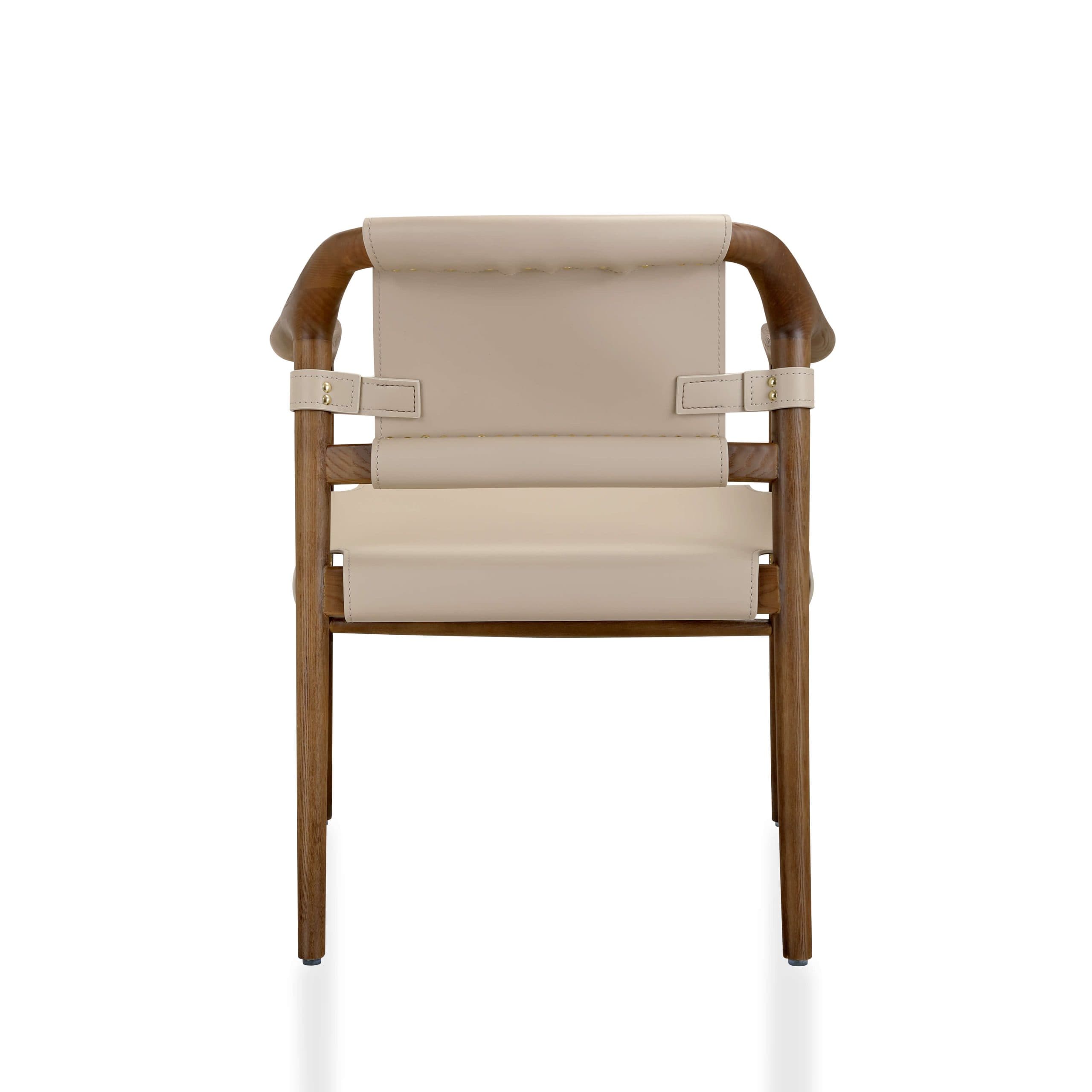 A contemporary armchair featuring a robust wooden frame with curved armrests and slung upholstery. The seat and backrest are constructed from light-colored leather or faux leather straps, securely fastened to the wooden structure with visible brass-toned hardware, creating a distinctive safari-inspired aesthetic. — 3D model