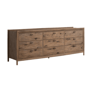 A wide, nine-drawer wooden dresser with a rustic finish and dark metal bar pulls, featuring prominent wood grain and rounded frame details. — 3D model