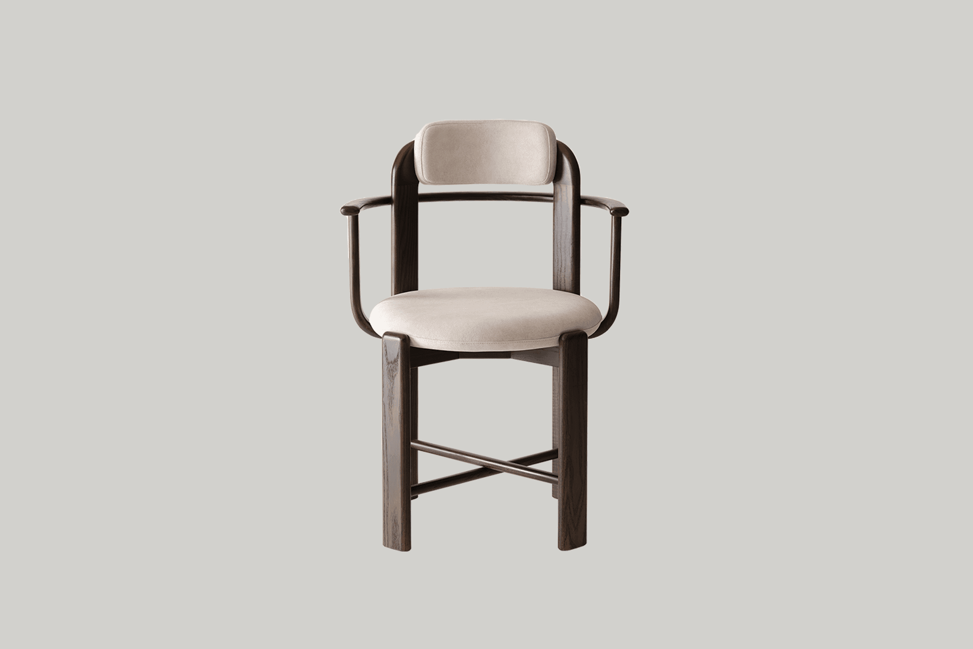 A contemporary counter height chair featuring a dark-stained solid wood frame with light beige upholstered seat and backrest pads. The chair has a curved, open back design that integrates the armrests, and straight legs reinforced with an X-shaped stretcher bar. — 3D model