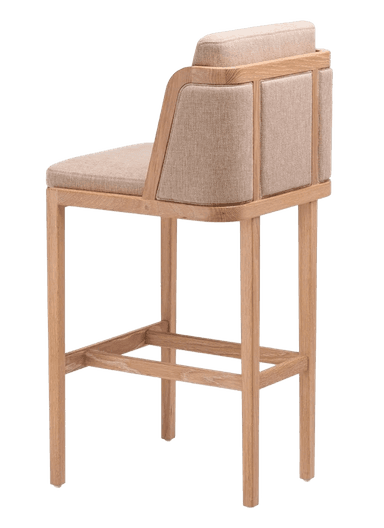 A modern bar stool with a wooden frame and upholstered seat and backrest. The stool has four straight legs connected by horizontal supports for stability. The seat and backrest are covered in a textured, light brown fabric. — 3D model