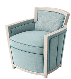 A stylish barrel back armchair featuring a light blue upholstered seat and back, complemented by an exposed light-colored wooden frame. The chair's back is gracefully curved, with the inner back cushion displaying a subtle patterned fabric, while the main seating area and outer back are solid light blue. Decorative blue piping outlines the edges of the upholstery, accentuating its form. The sturdy wooden frame is visible around the top of the backrest, along the armrests, and forming the base, providing both support and aesthetic appeal. — 3D model