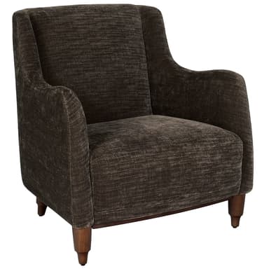 A dark brown upholstered armchair featuring a textured fabric, gently curved arms, and a high backrest. The chair stands on four short, tapered wooden legs. The upholstery exhibits a subtle striated pattern, giving it a rich, tactile appearance. — 3D model