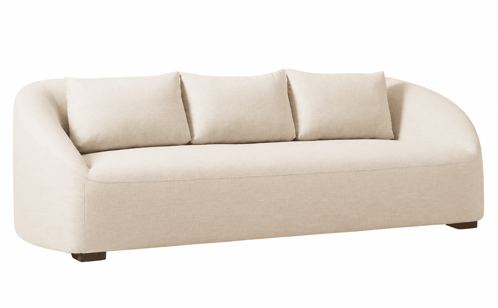 A contemporary three-seater sofa featuring a clean, minimalist design with softly rounded, integrated arms and a gently curved back. The sofa is upholstered in a light beige, textured fabric and includes three loose back cushions and a single, continuous seat cushion. Small, dark wooden block feet are visible at the base. — 3D model