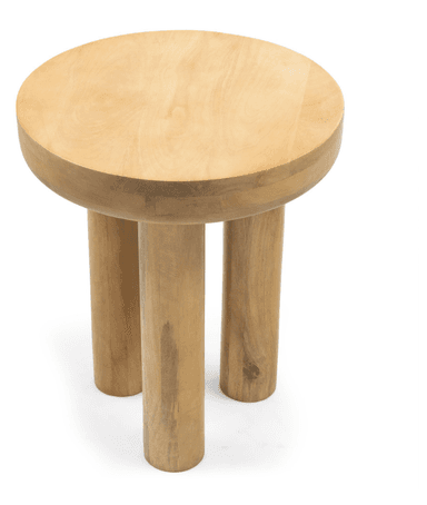 A light-colored, solid wood stool featuring a thick, circular seat and three robust, cylindrical legs. The wood displays a natural grain, and the design is minimalist and organic. — 3D model