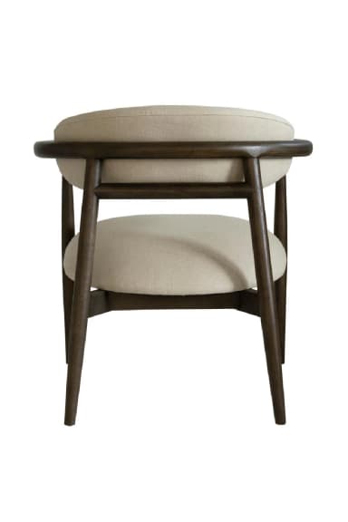 A upholstered armchair with a wooden frame. The chair features a curved backrest and a seat cushion, both upholstered in a light-colored fabric. The frame is constructed from dark-stained wood with tapered legs and curved armrests. — 3D model