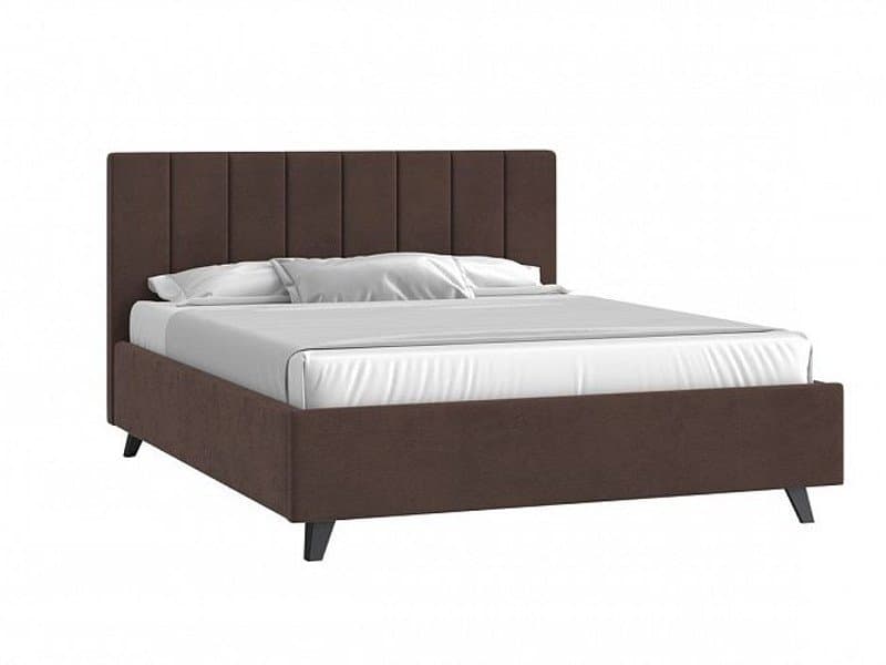 A modern platform bed featuring a tall, rectangular headboard with vertical channel tufting, fully upholstered in a dark brown fabric. The bed frame is also upholstered in the matching material and stands on short, tapered black legs. It includes a mattress base, eliminating the need for a box spring. — 3D model