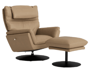 A modern swivel recliner chair upholstered in tan leather, accompanied by a matching ottoman. Both the chair and ottoman feature sleek black metal disc bases. The chair has an integrated headrest and armrests that flow into the chair's body, suggesting a reclining mechanism. — 3D model