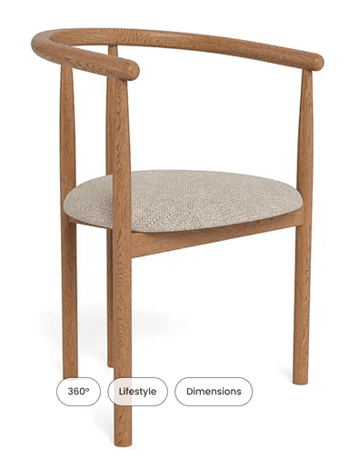 A wooden armchair with a curved backrest that extends into armrests. The seat is upholstered in a textured fabric. The chair has four legs and a minimalist design. — 3D model