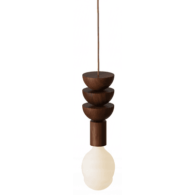 A modern pendant light featuring a series of stacked, half-spherical and cylindrical wooden elements. It hangs from a fabric-wrapped cord, culminating in an exposed, spherical, frosted light bulb at the bottom. The wooden components have a smooth, dark finish. — 3D model