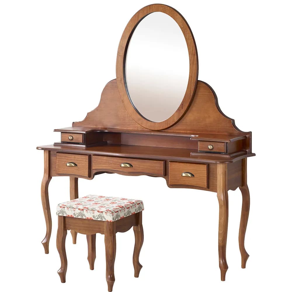 A traditional wooden dressing table set featuring a vanity with an oval swivel mirror and an accompanying upholstered stool. The vanity has a rich, medium-brown wood finish, curved cabriole legs, and three central drawers with additional smaller drawers and shelves on the hutch. The stool has matching curved legs and a floral upholstered cushion. — 3D model