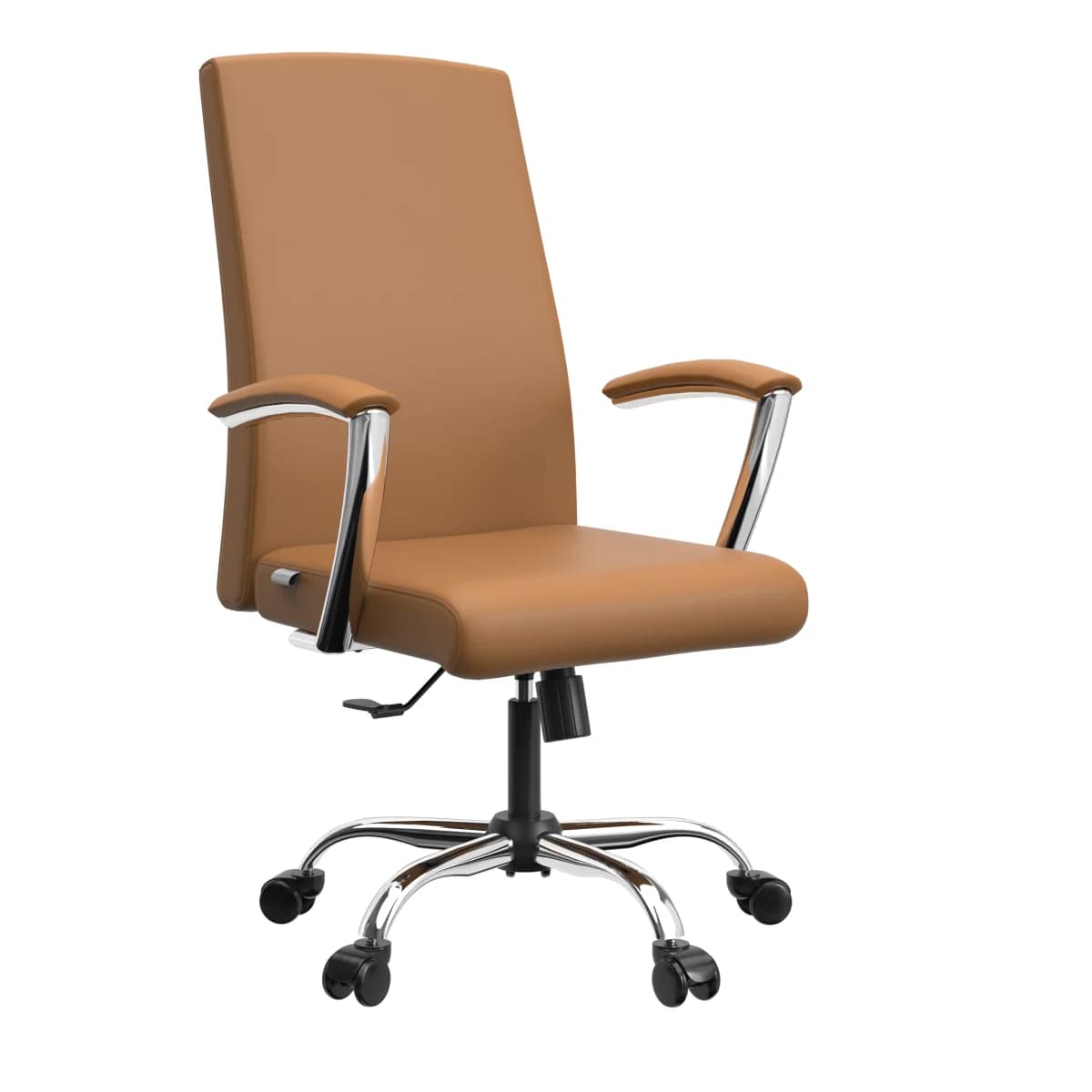 A modern high-back executive office chair featuring a tan or light brown faux leather upholstery. It has fixed armrests with curved chrome-plated steel supports and padded tops. The chair is mounted on a five-star chrome-plated steel base with black twin-wheel casters, and includes a visible lever for height or recline adjustment. The design is sleek and contemporary. — 3D model