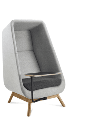 A modern high-back lounge chair designed for privacy and focused work. The chair features a fully upholstered light gray fabric shell with high sides and back, creating an enclosed 'cocoon' effect. Inside, there is a contrasting dark gray seat cushion. It is supported by four splayed, tapered natural wood legs. An integrated black metal arm extends from the chair's side, supporting a small, black-topped, wood-edged swivel tablet surface. — 3D model