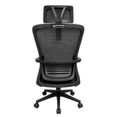 An ergonomic office chair featuring a high backrest and headrest, both constructed with black mesh for breathability. The chair has a molded plastic frame, visible lumbar support structure, and a five-star base with casters for mobility. The overall design is modern and functional. — 3D model