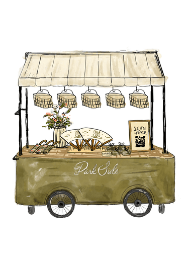 A mobile vendor cart, rendered in a modern style, features an olive green base with two spoked wheels and two small caster wheels, indicating portability. It has a sturdy black metal frame supporting a light cream or off-white fabric awning with scalloped edges. The cart's body includes a flat display surface where various items are arranged, along with a 'Park Side' logo on the side. A side handle suggests it's designed for pushing. — 3D model