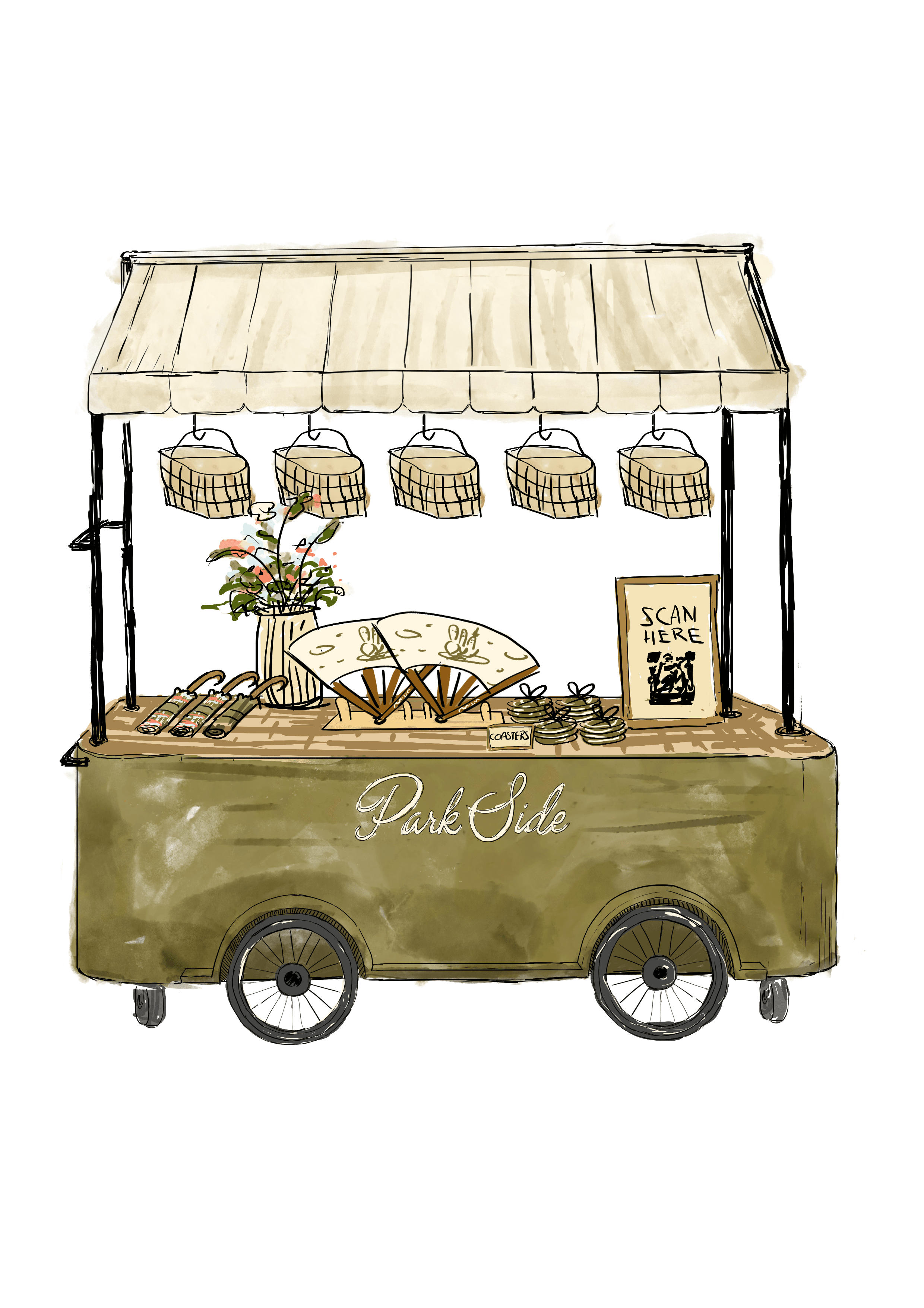 A mobile vendor cart, rendered in a modern style, features an olive green base with two spoked wheels and two small caster wheels, indicating portability. It has a sturdy black metal frame supporting a light cream or off-white fabric awning with scalloped edges. The cart's body includes a flat display surface where various items are arranged, along with a 'Park Side' logo on the side. A side handle suggests it's designed for pushing. — 3D model