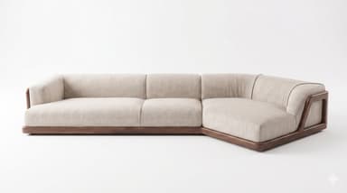 An L-shaped modern sectional sofa featuring a light beige fabric upholstery and a prominent dark stained wooden frame that forms the base and extends into the armrests. — 3D model