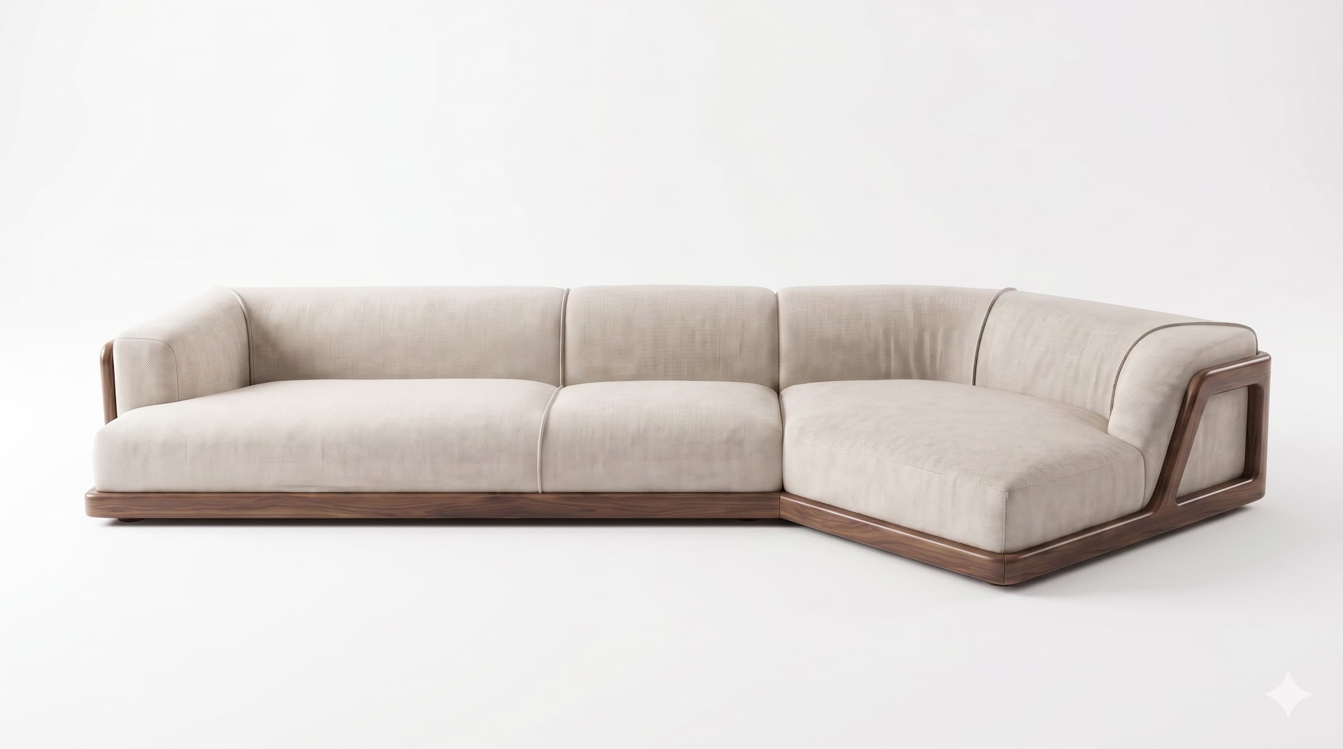 An L-shaped modern sectional sofa featuring a light beige fabric upholstery and a prominent dark stained wooden frame that forms the base and extends into the armrests. — 3D model