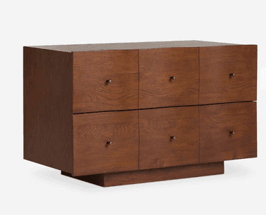 A modern, rectangular chest of drawers crafted from dark-stained wood, featuring six individual drawers, each equipped with a small brass knob, all resting on a recessed plinth base. — 3D model