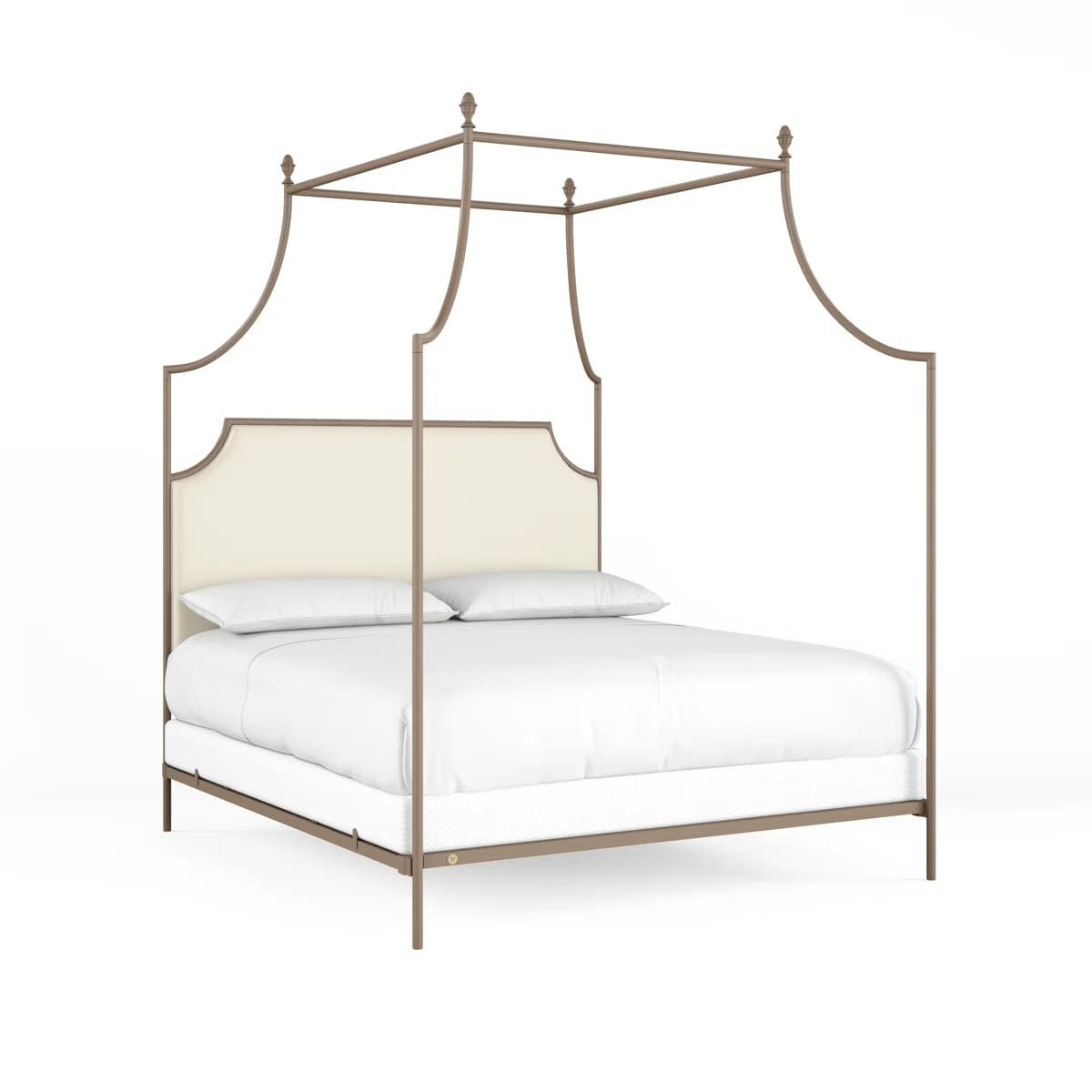 A canopy bed with a metal frame and an upholstered headboard. The frame consists of four vertical posts connected at the top by a rectangular canopy structure. The headboard is rectangular with a curved top edge and is upholstered in a cream-colored fabric. The bed is shown with a mattress and two white pillows. — 3D model