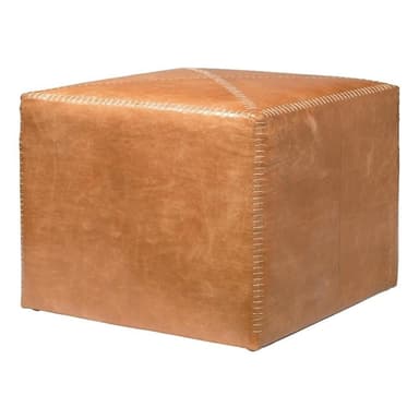 A cube-shaped ottoman upholstered in tan leather, featuring prominent light-colored exposed cross-stitching on all edges and an 'X' pattern across the top surface, suggesting a handcrafted aesthetic. — 3D model