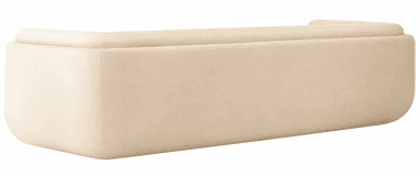 A contemporary upholstered sofa in a light cream or beige fabric, featuring a streamlined, monolithic design with softly rounded edges. The arms flow continuously from the backrest into an integrated plinth base, and it includes a single, long seat cushion. — 3D model