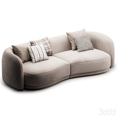 A contemporary curved modular sofa upholstered in a light neutral fabric, featuring a low profile, rounded edges, and accompanied by multiple throw pillows. — 3D model