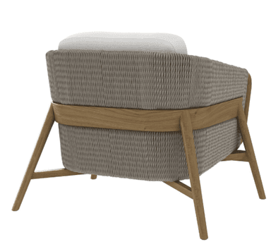 A contemporary lounge chair featuring an open wooden frame, woven rope back and sides, and thick white fabric cushions. — 3D model