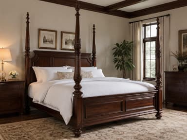 A traditional four-poster bed crafted from dark brown wood. It features four tall, turned and carved posts with finials, and a matching headboard and footboard with recessed panels. The bed is shown with simple white bedding. — 3D model