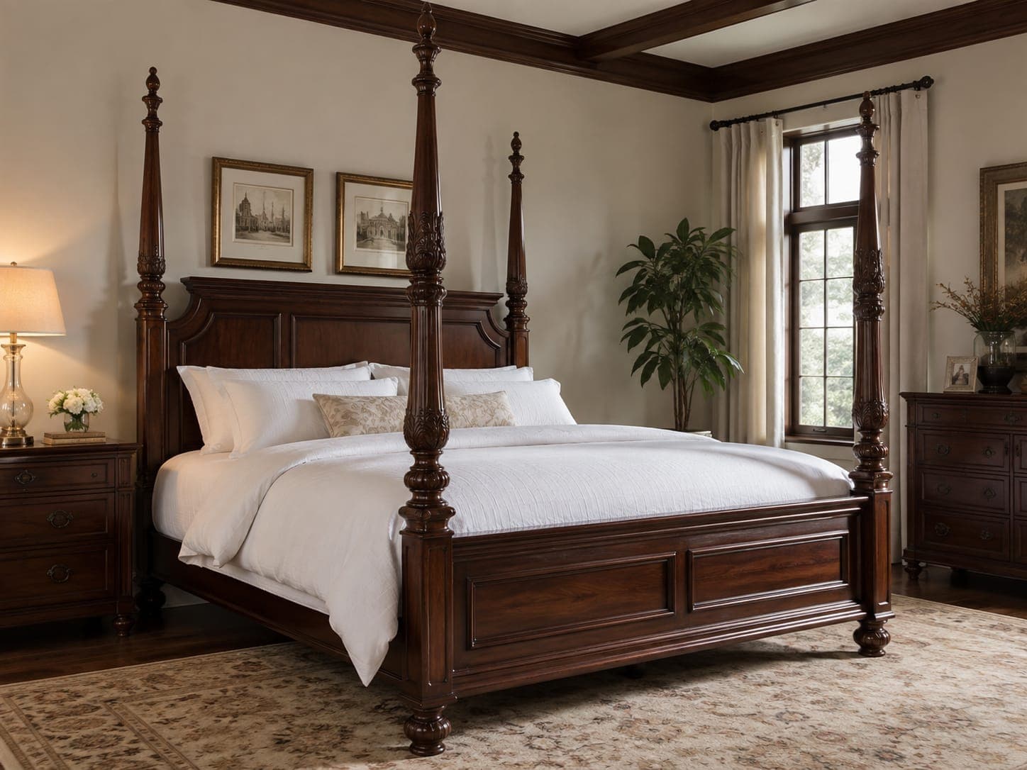 A traditional four-poster bed crafted from dark brown wood. It features four tall, turned and carved posts with finials, and a matching headboard and footboard with recessed panels. The bed is shown with simple white bedding. — 3D model