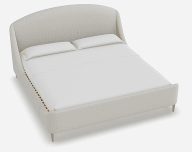 A light-colored upholstered bed frame with a curved headboard and integrated side rails. The bed has a low profile and stands on four slender, tapered wooden legs. It is shown with white bedding, including two pillows. — 3D model