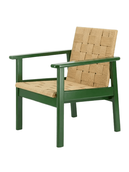 An armchair with a solid green wooden frame and woven natural fiber seat and backrest. The frame has a simple, modern design with straight lines. The seat and backrest are constructed from a woven material, possibly rush or cane, in a natural tan color, arranged in a grid pattern. — 3D model