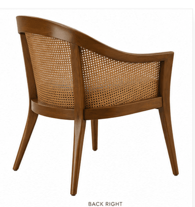 A medium-brown wooden armchair featuring a curved backrest and integrated armrests. The backrest is crafted from woven cane, providing a light, breathable texture. The chair is supported by four tapered, splayed legs. The overall design suggests a Mid-Century Modern aesthetic. — 3D model