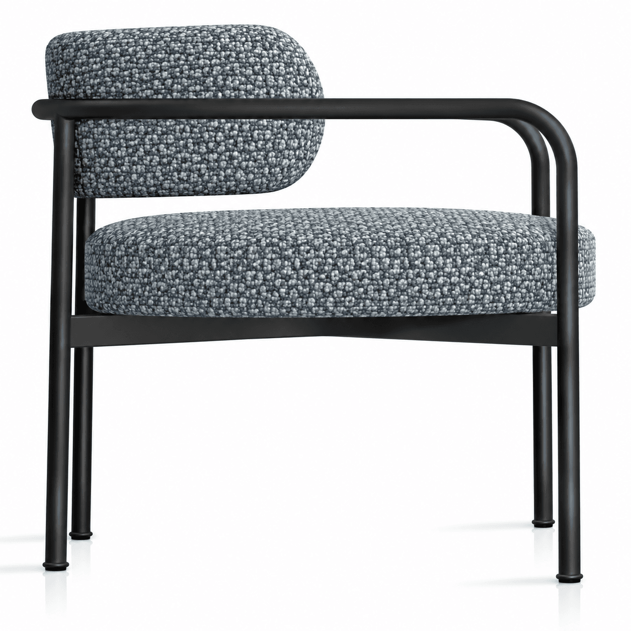 A modern armchair featuring a minimalist design with a black tubular metal frame and two distinct upholstered cushions for the seat and back, covered in a textured blue-grey patterned fabric. — 3D model