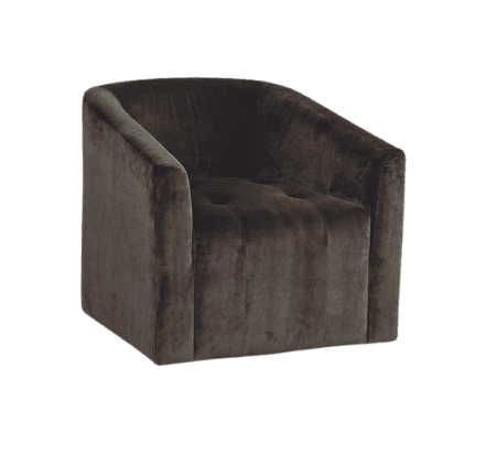 A contemporary barrel-shaped accent chair upholstered in dark grayish-brown velvet, featuring an integrated curved backrest and armrests, and button tufting on the interior back cushion. — 3D model