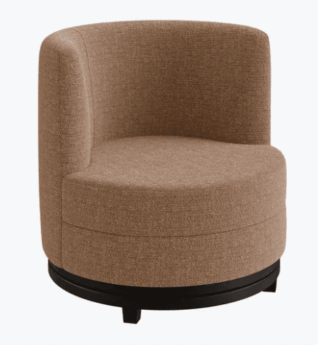 A contemporary armchair with a rounded, tub-like silhouette. It features a high, curved back that partially encloses the seating area, creating a sense of intimacy. The chair is upholstered in a textured, woven fabric and sits on a dark, circular base with short, blocky feet. — 3D model
