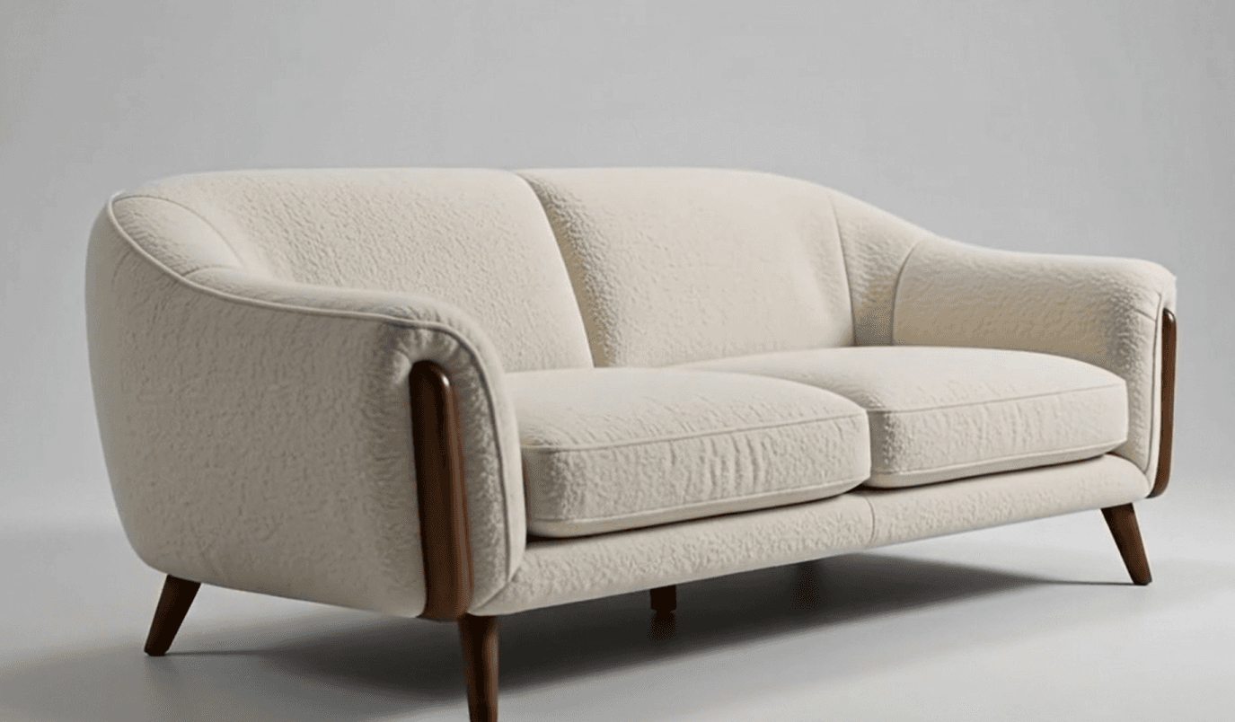 A compact two-seater sofa upholstered in a light-colored, textured boucle fabric, featuring a curved backrest and armrests, with exposed dark wood side accents and tapered wooden legs. — 3D model