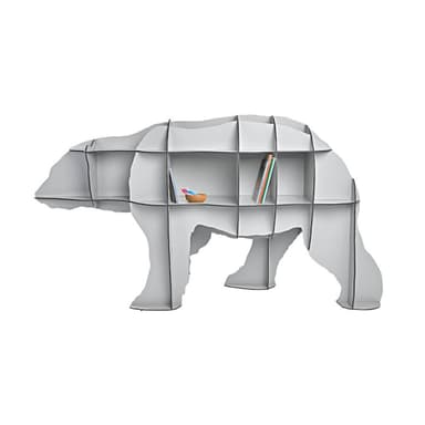 A freestanding shelving unit designed in the shape of a stylized polar bear, featuring multiple open cubby compartments for storage. It is finished in a pale, off-white or light gray color. — 3D model