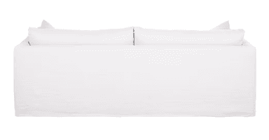 A white, slipcovered sofa featuring a skirted base, rolled arms, two large seat cushions, two back cushions, and two matching throw pillows. — 3D model