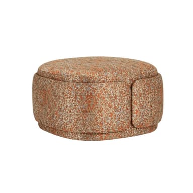 A round, upholstered storage ottoman featuring a rich, intricate pattern primarily in shades of orange, cream, and blue. The ottoman has a distinct two-part top, suggesting an internal storage compartment. Its base is subtly recessed, giving it a slightly floating appearance. The fabric's design combines floral or botanical elements with geometric motifs. — 3D model
