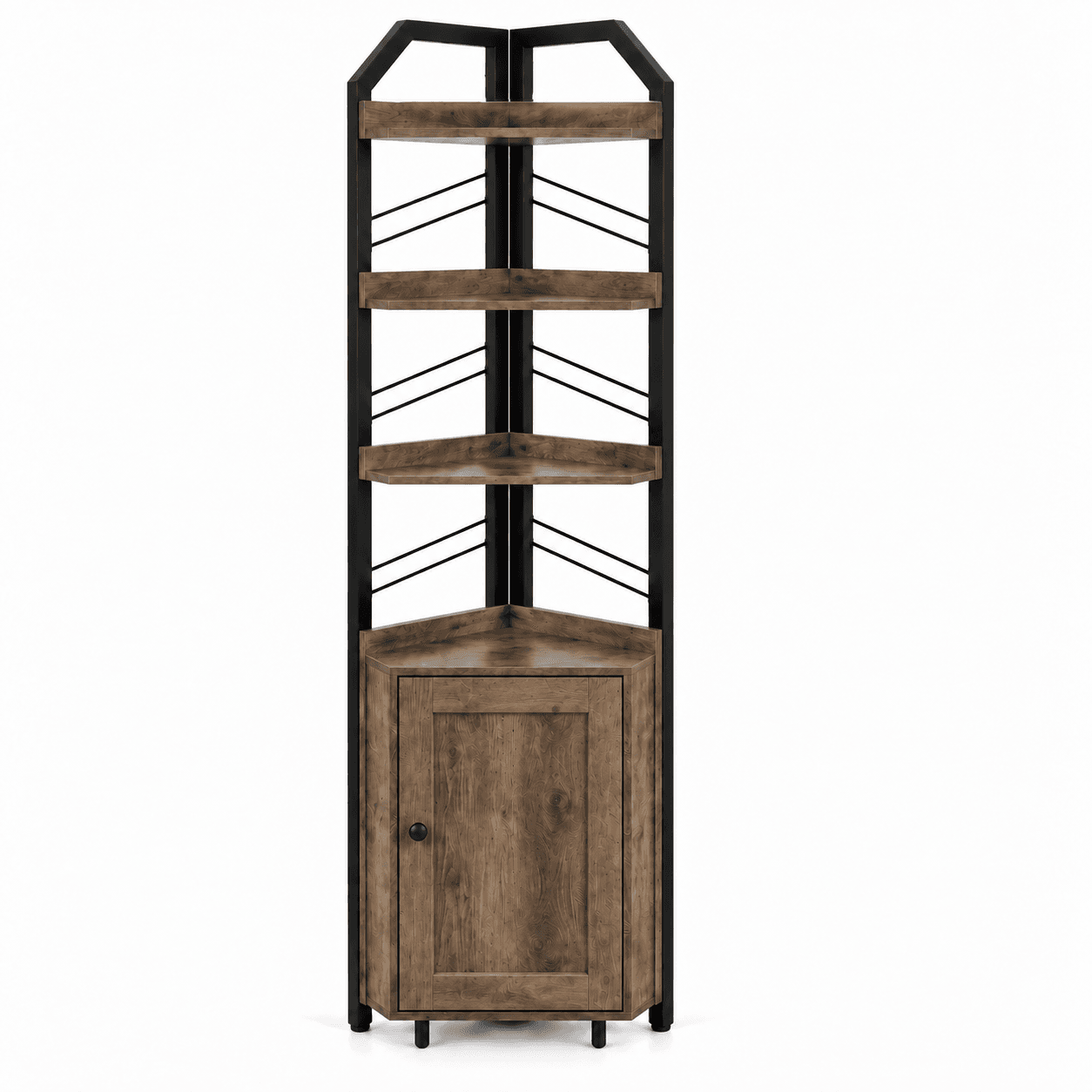 A tall corner shelving unit featuring a black metal frame and distressed dark brown wood-look panels. It has multiple open, triangular shelves at the top for display and a single-door cabinet at the bottom for concealed storage. The design is suitable for fitting neatly into room corners. — 3D model
