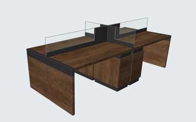 A modern four-person modular office workstation featuring individual desk surfaces, integrated storage, and clear privacy screens, presented in a dark wood finish with black accents. — 3D model