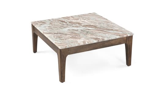 A square coffee table with a marble top and a wooden base. The table features four tapered legs and a substantial frame supporting the stone surface. — 3D model