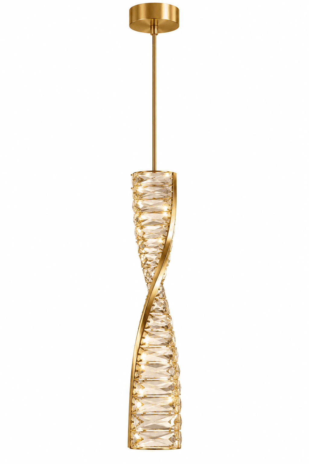 A luxurious modern pendant light featuring a golden metallic frame twisted around a cylindrical arrangement of faceted clear crystals. The light is suspended by a slender rod from a circular ceiling canopy, all in a matching golden finish. When illuminated, the crystals would refract light, creating a sparkling and elegant effect. — 3D model