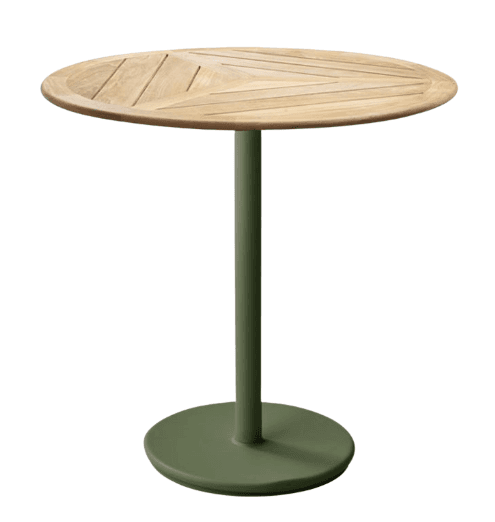A modern round table featuring a slatted natural wood top and a single pedestal base in a muted green color. — 3D model