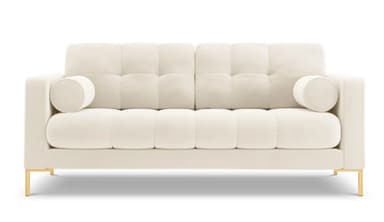 A contemporary two-seater loveseat upholstered in ivory-colored velvet fabric, featuring deep square tufting on both the backrest and seat cushions. It has straight track arms and is accompanied by two matching cylindrical bolster pillows. The loveseat is supported by slender, rectangular legs with a polished gold finish, creating a modern and elegant aesthetic. — 3D model